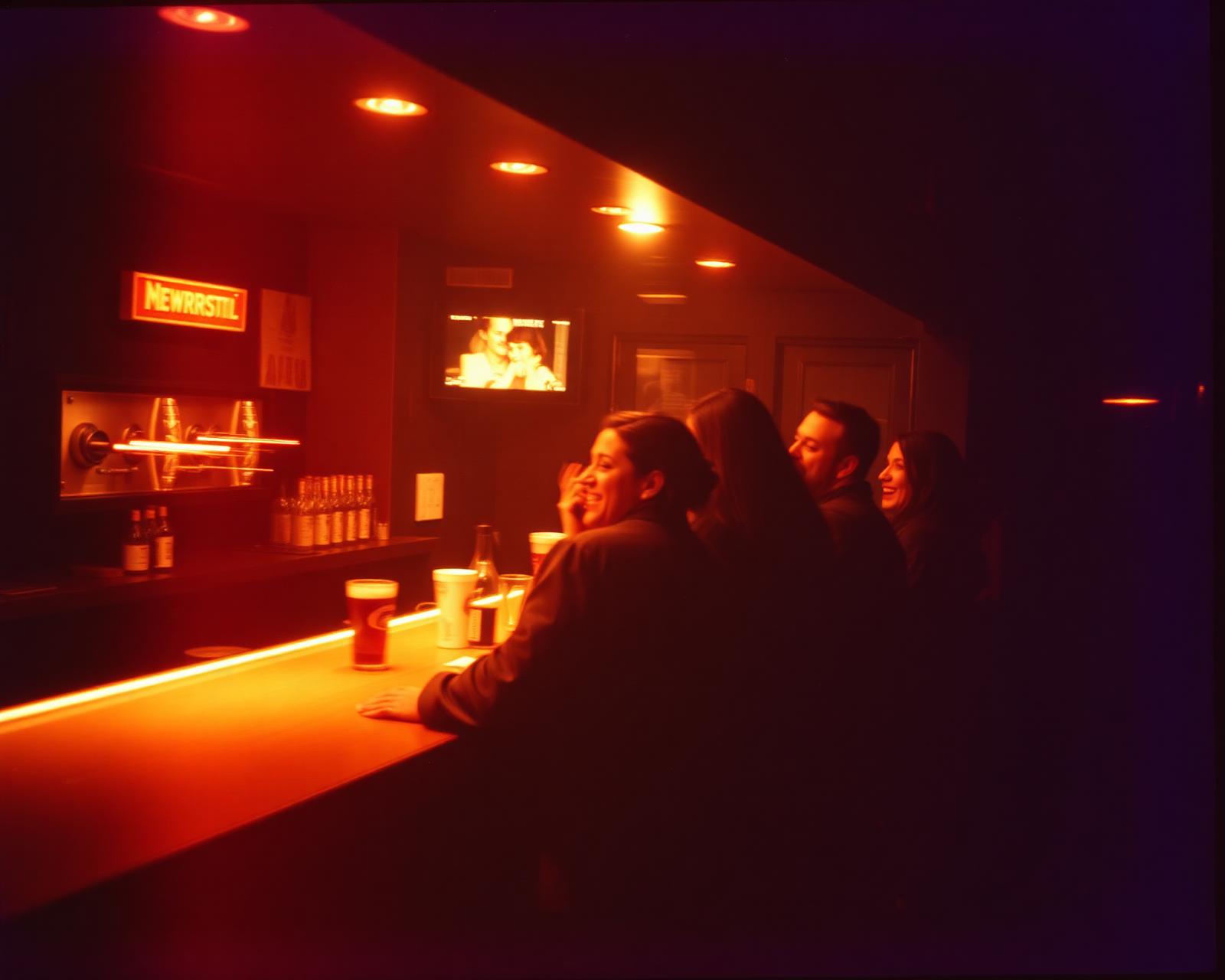 Late night laughter at the bar counter
